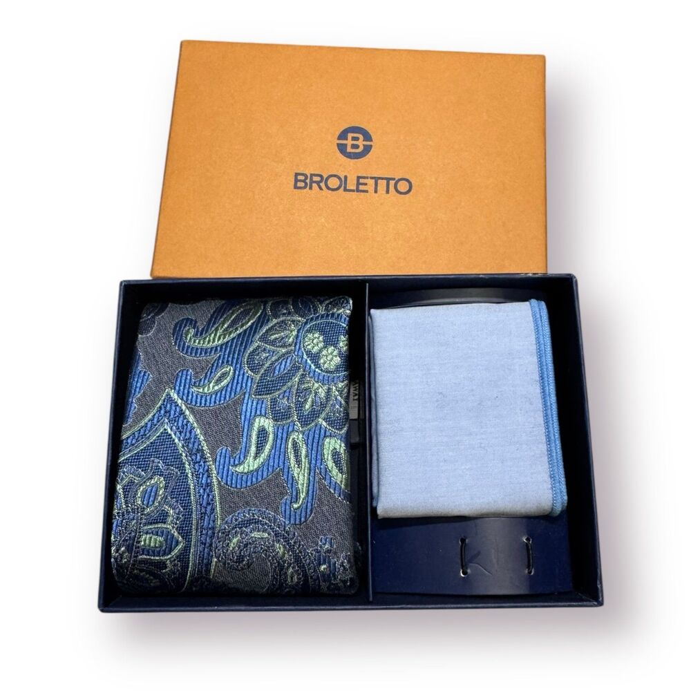 Broletto Geometric Design Blue Silk 2‎ Piece Tie, Pocket Square Like new